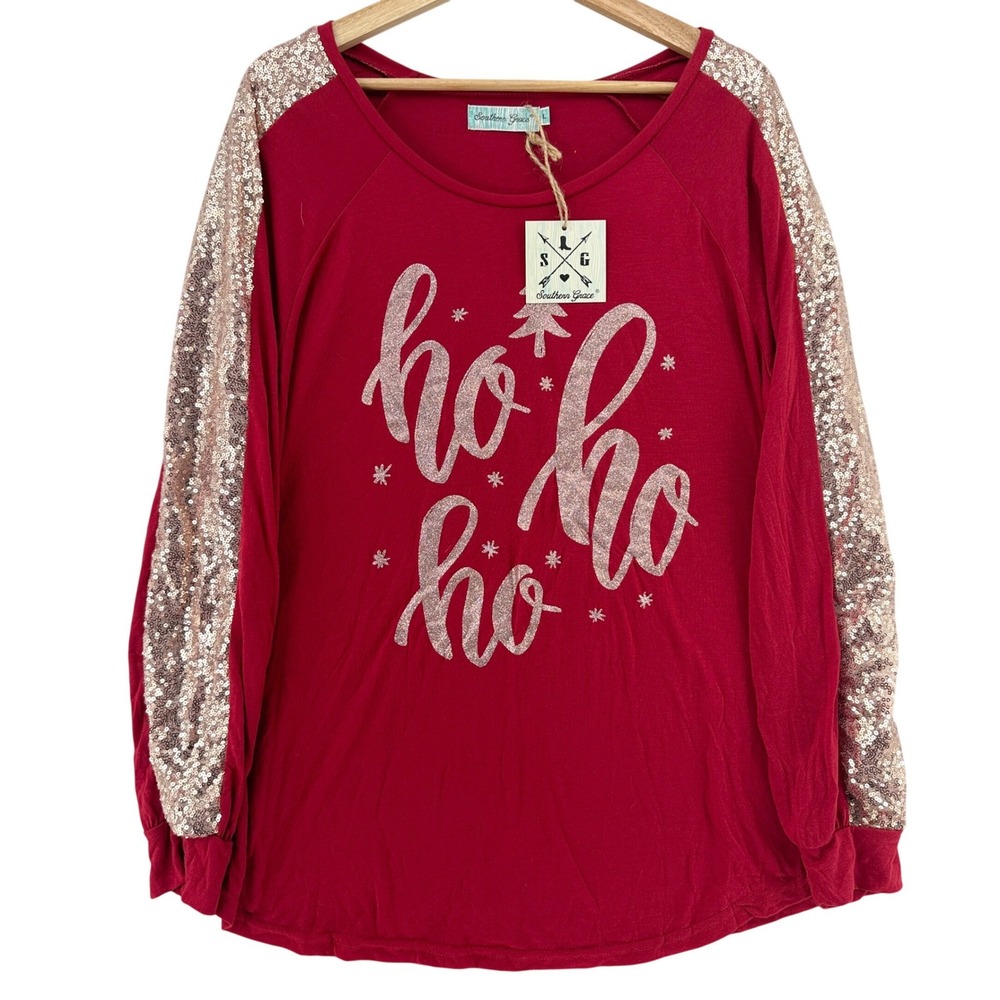 Southern Grace Red Sequin Sleeve Ho Ho Ho Holiday Graphic Top Womens Large Xmas